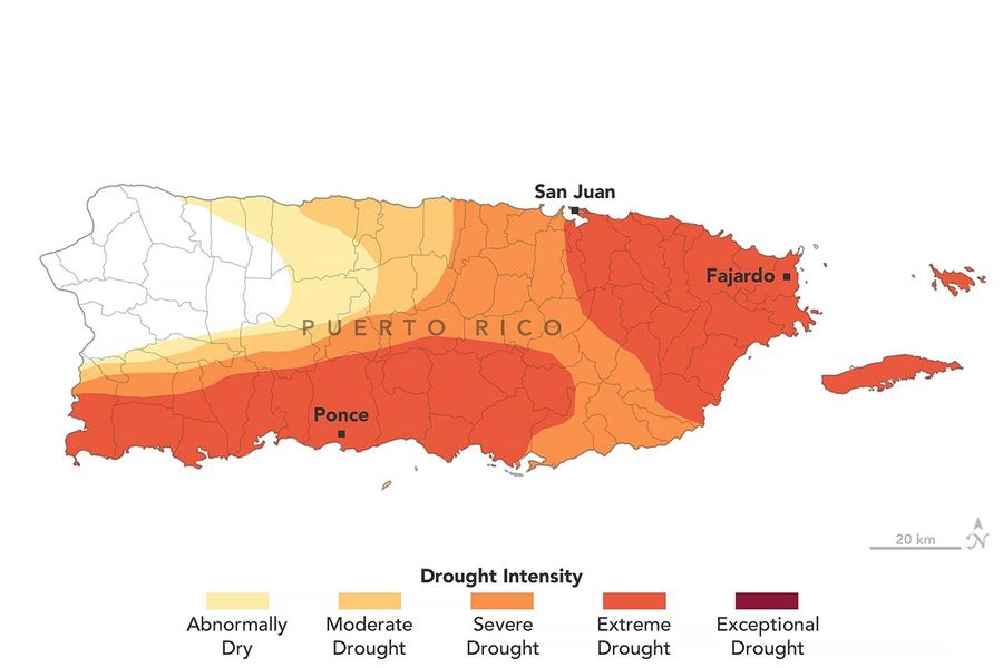 A map produced by NASA detailing dry conditions in Puerto Rico